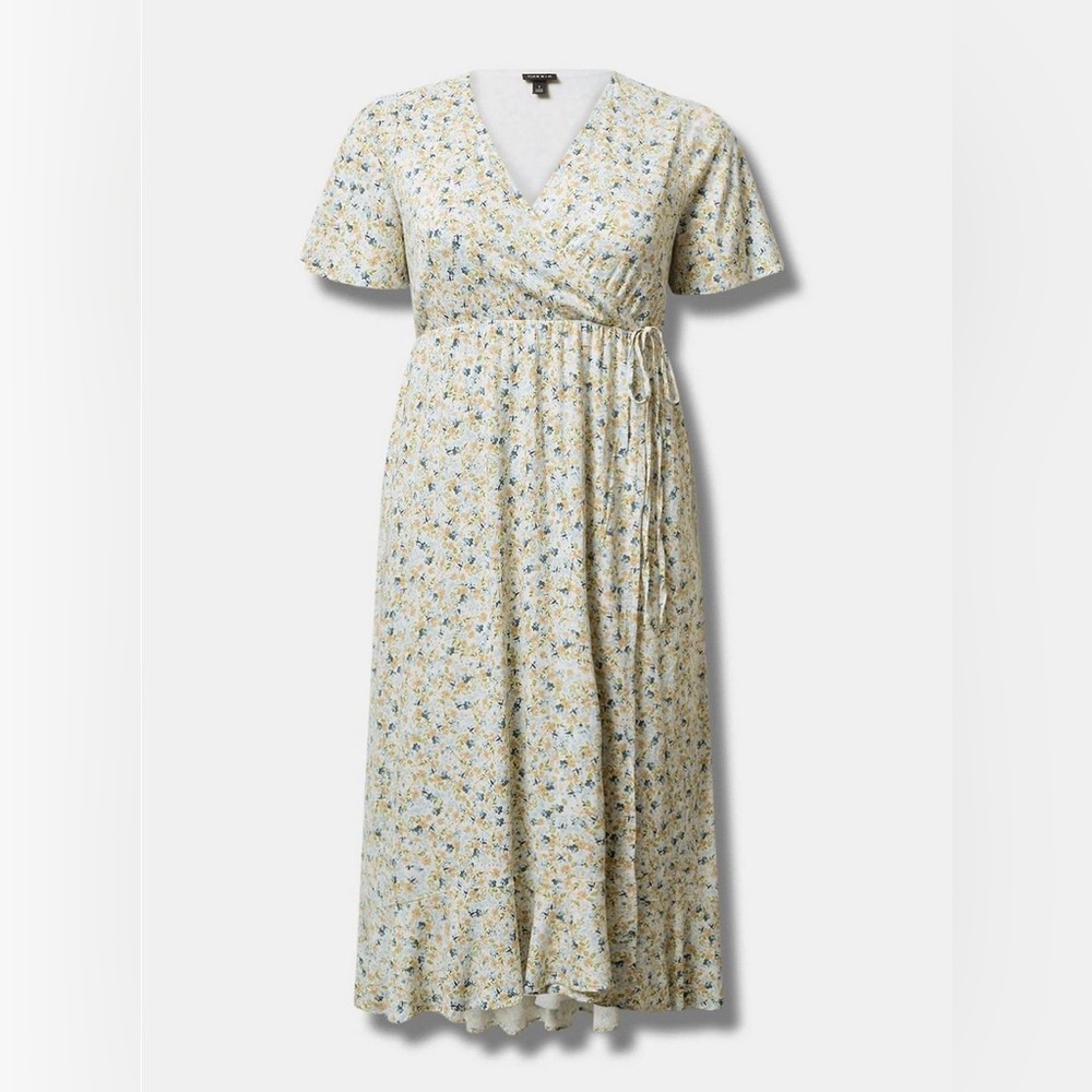 torrid Cream Floral Wrap Midi Dress with Blue & Yellow Print - Picture 4 of 4